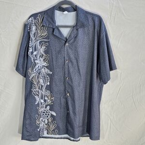 chic Navy Short-Sleeve Button-Down with White and Tan Sea Life Print